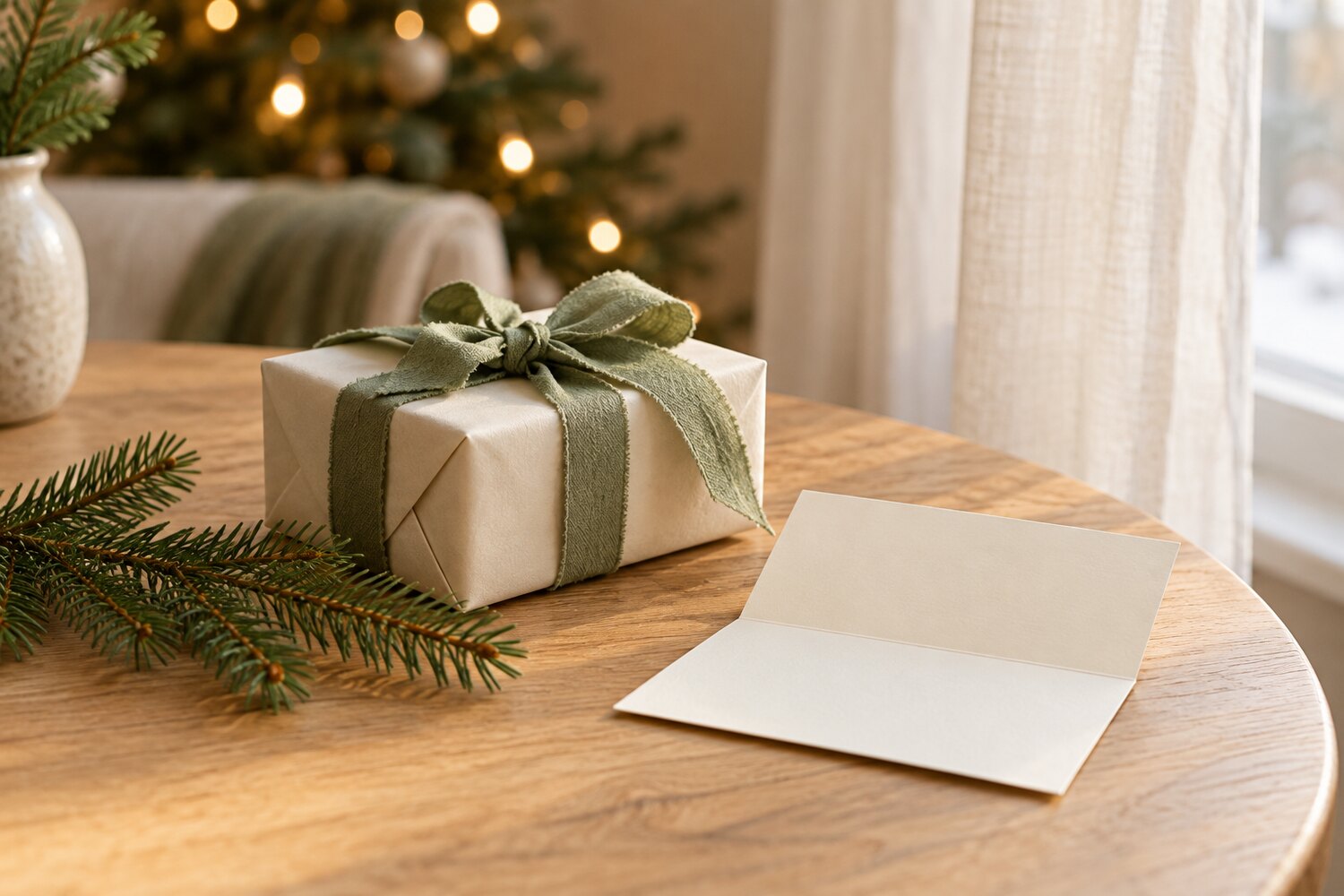 A cream-wrapped gift with a sage ribbon and blank note card beside evergreen branches and soft Christmas lights