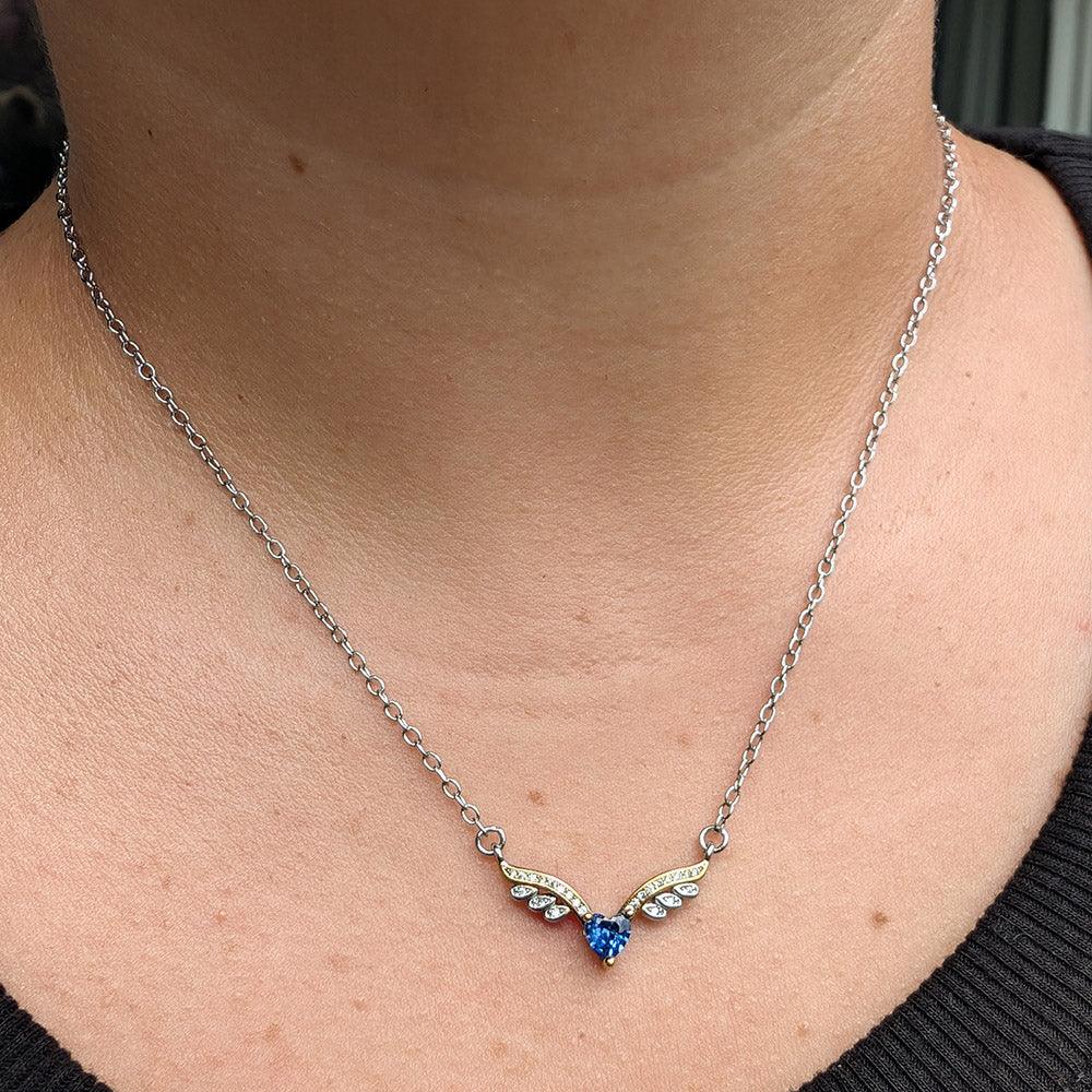 Two Toned Crystalized Wings With A Blue Heart Crystal - Guardian Angel Collection