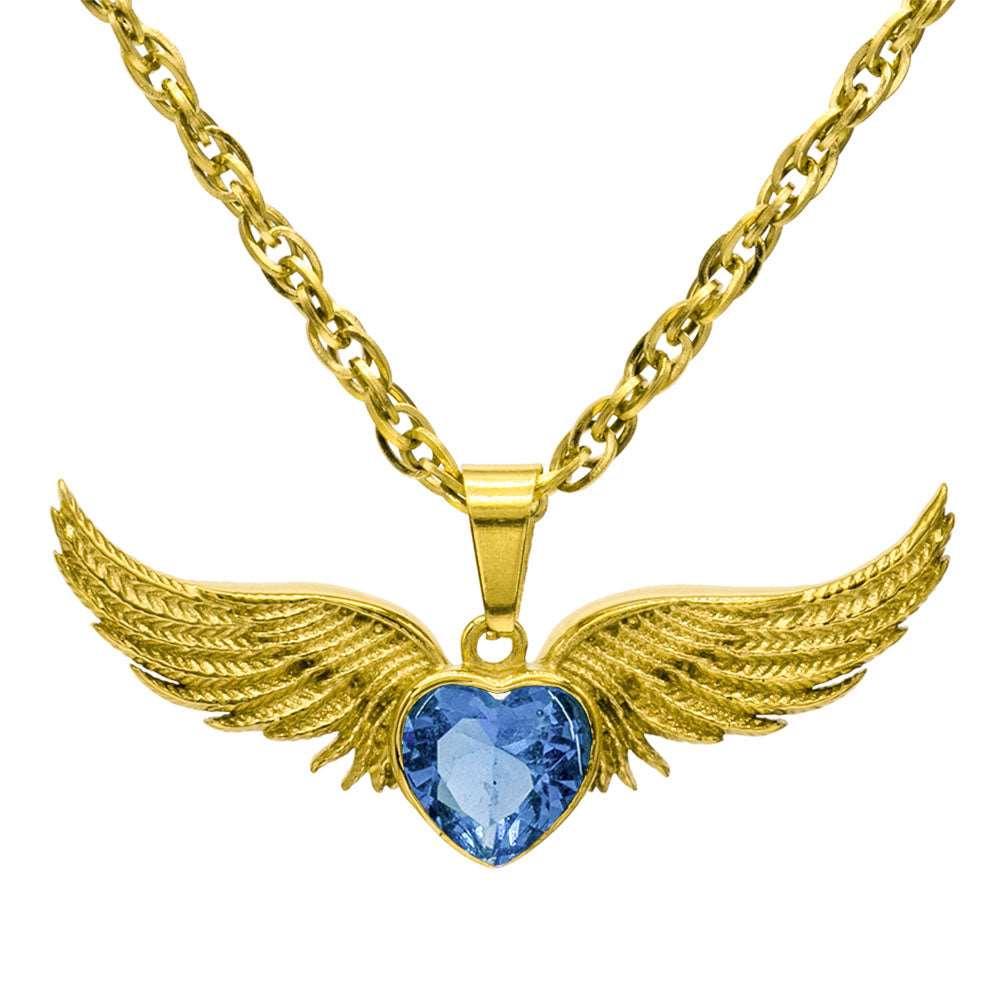 Angel Wings Stainless Steel Birthstone Necklace - Guardian Angel Collection