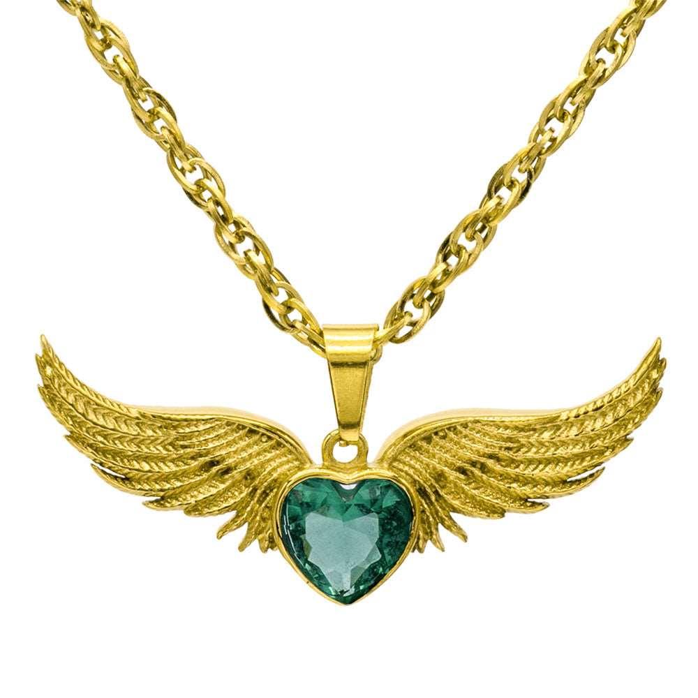Angel Wings Stainless Steel Birthstone Necklace - Guardian Angel Collection
