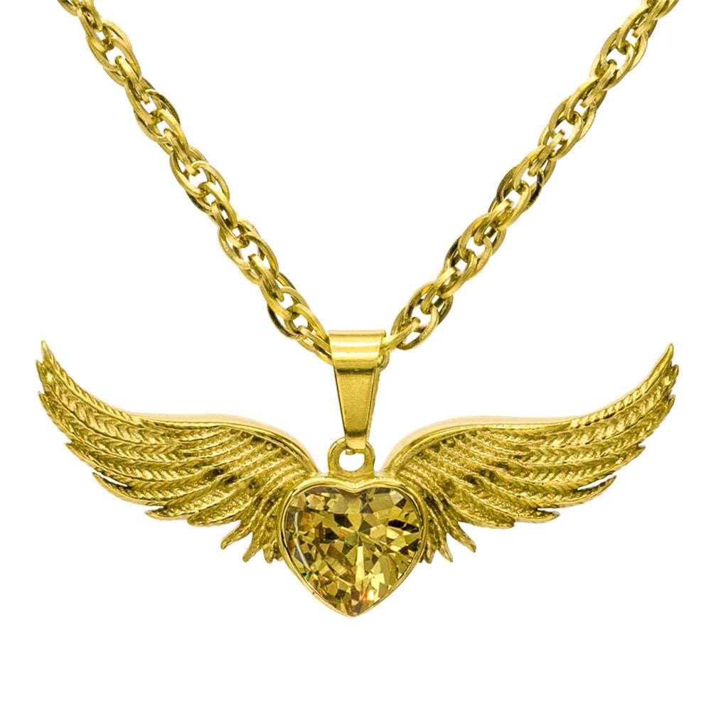 Angel Wings Stainless Steel Birthstone Necklace - Guardian Angel Collection