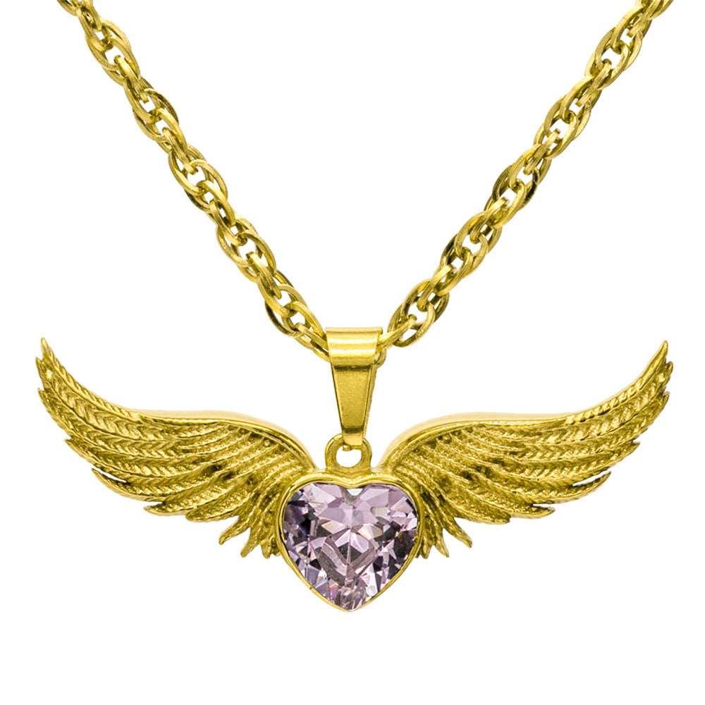 Angel Wings Stainless Steel Birthstone Necklace - Guardian Angel Collection