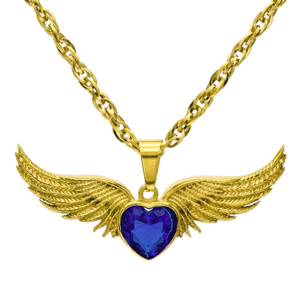 Angel Wings Stainless Steel Birthstone Necklace - Guardian Angel Collection