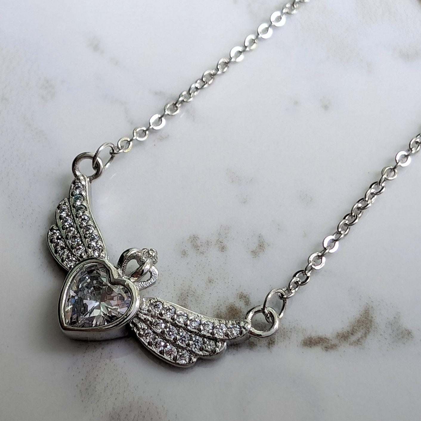 Crystallized Heart Wings Necklace - Guardian Angel Collection