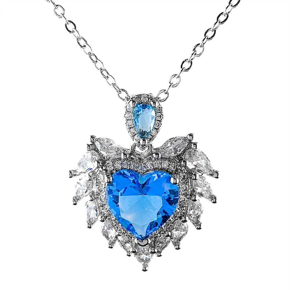 Crystalized Blue Heart Angel Wings Necklace