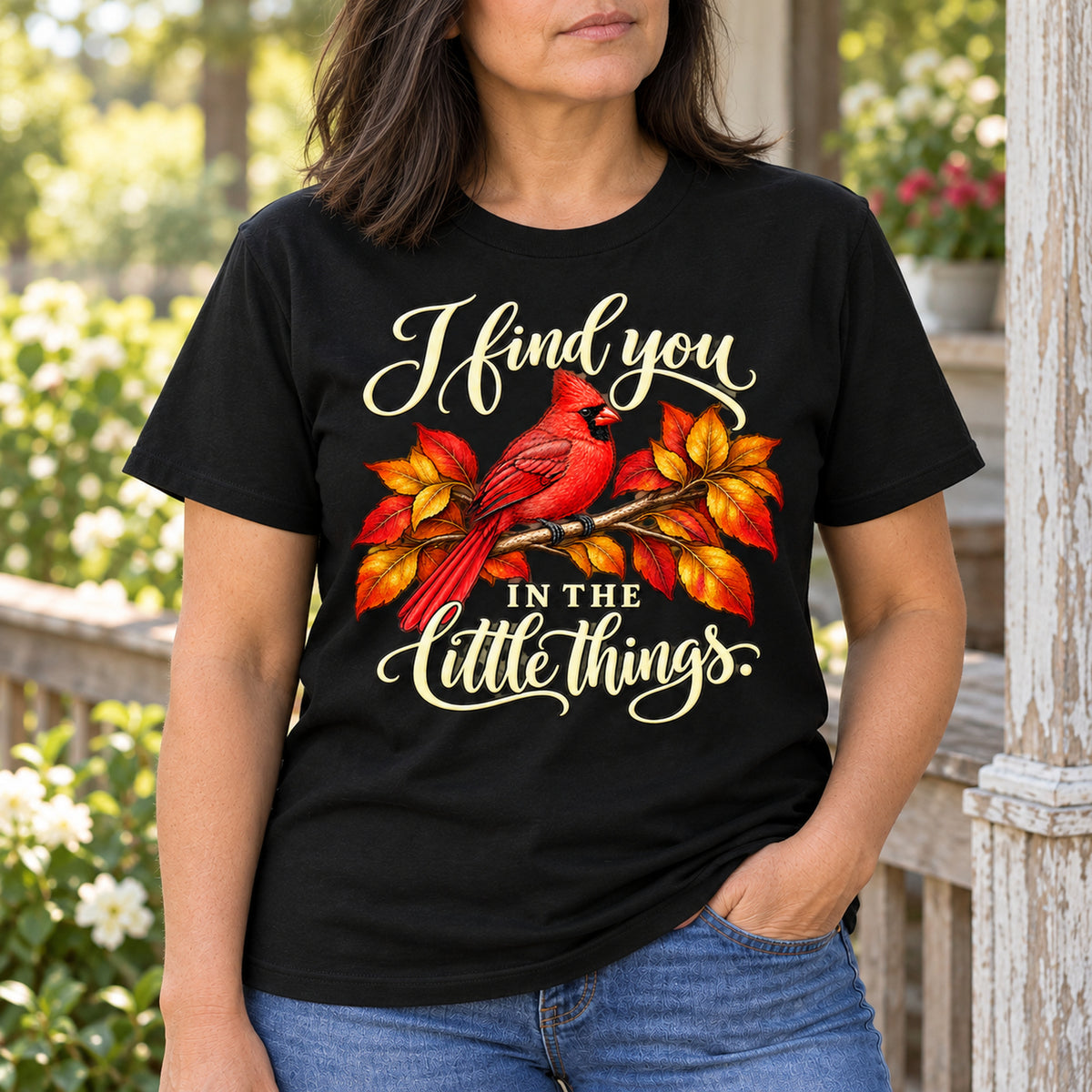 I Find You in the Little Things T-Shirt on a model in black
