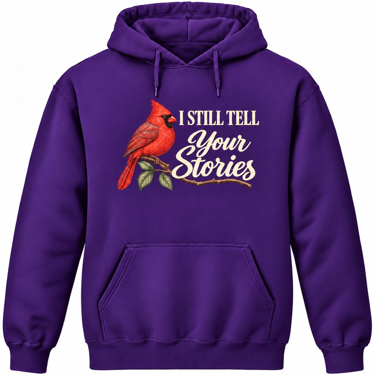 I Still Tell Your Stories Purple hoodie with cardinal at left and ivory lettering at right