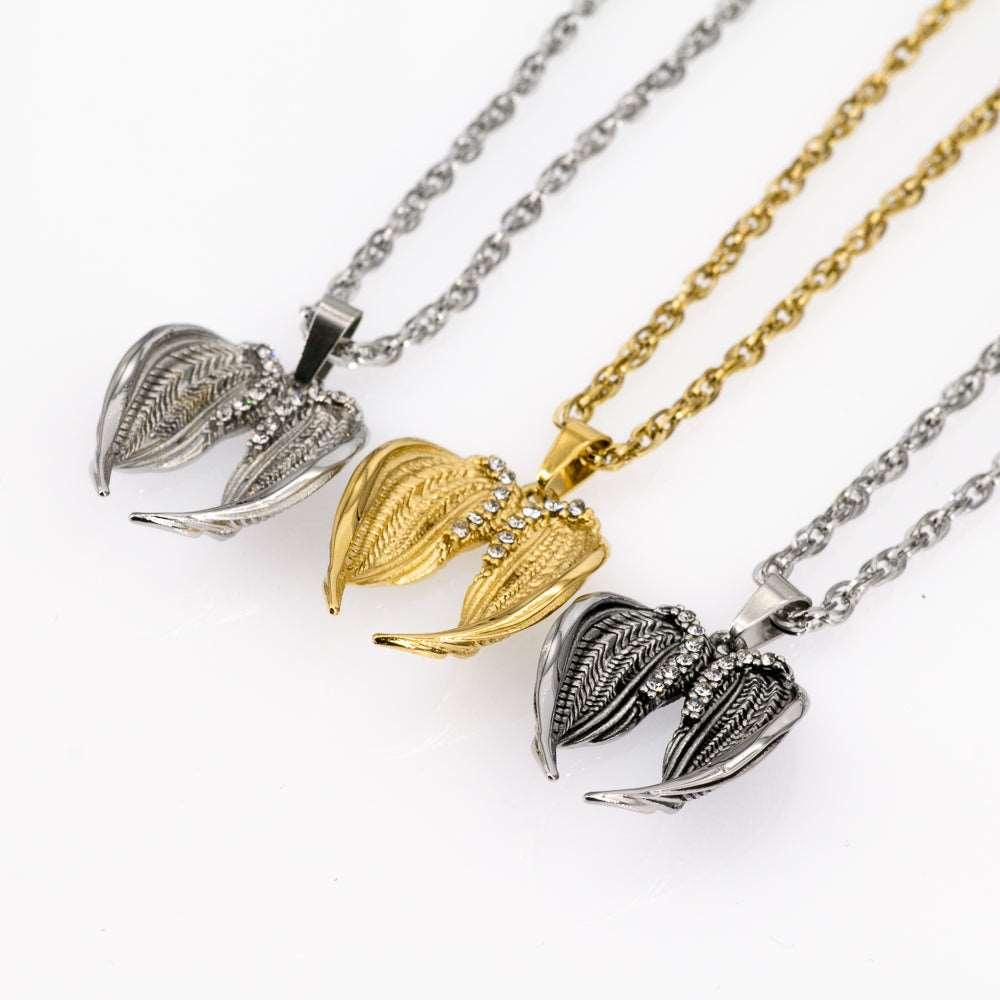 Angel Wings With Crystals Stainless Steel Necklace - Guardian Angel Collection