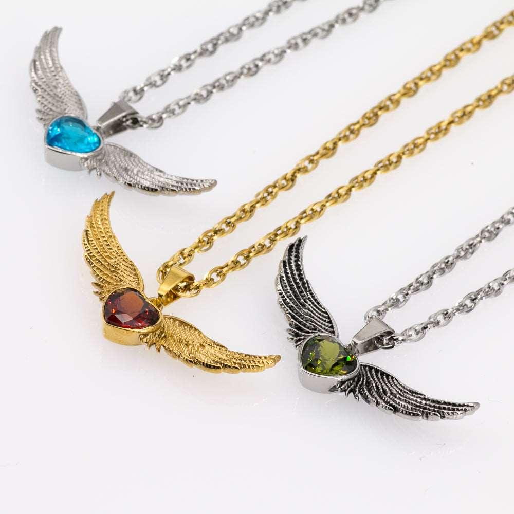Angel Wings Stainless Steel Birthstone Necklace - Guardian Angel Collection