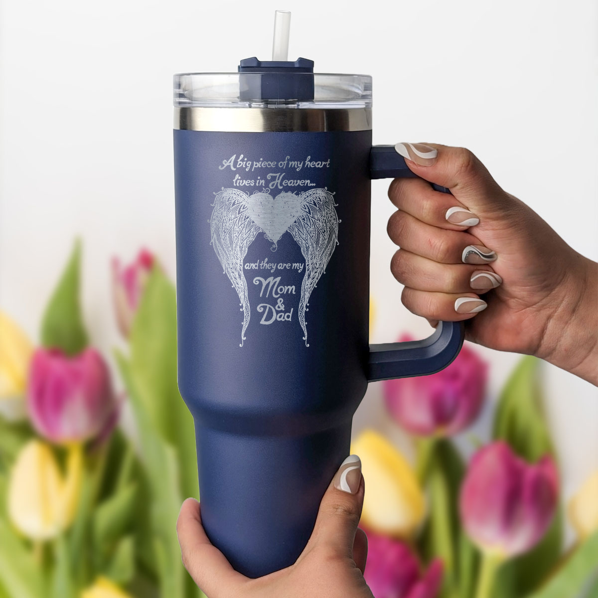 Mom &amp; Dad - A Big Piece of my Heart 40 Ounce Laser Etched Tumbler Dark Blue