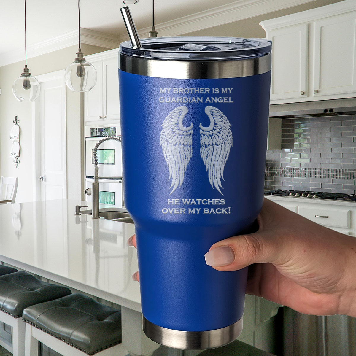 My Brother is my Guardian Angel 30 Ounce Laser Etched Tumbler Blue