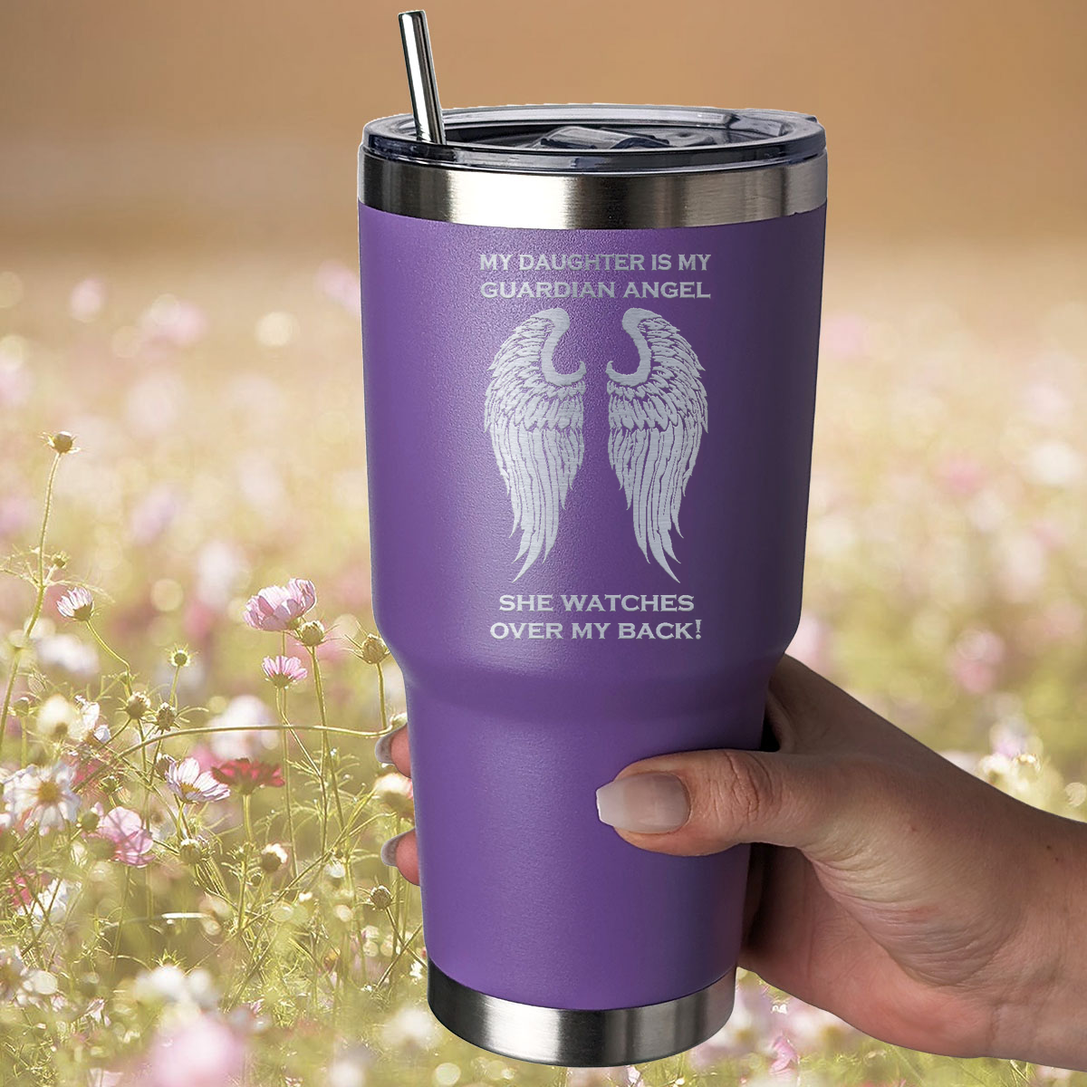 My Daughter is my Guardian Angel 30 Ounce Laser Etched Tumbler Purple