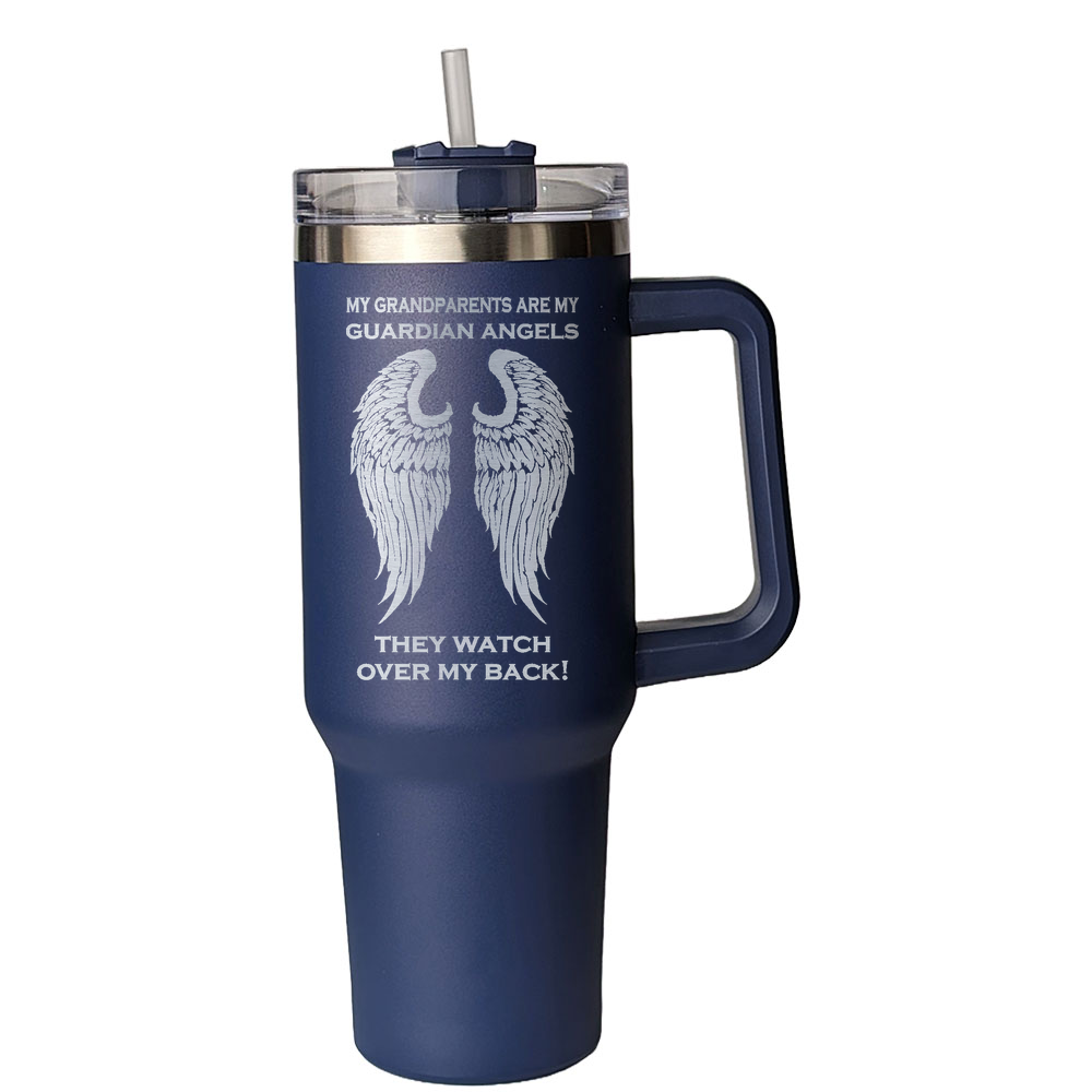 My Grandparents are my Guardian Angels 40 Ounce Laser Etched Tumbler Dark Blue