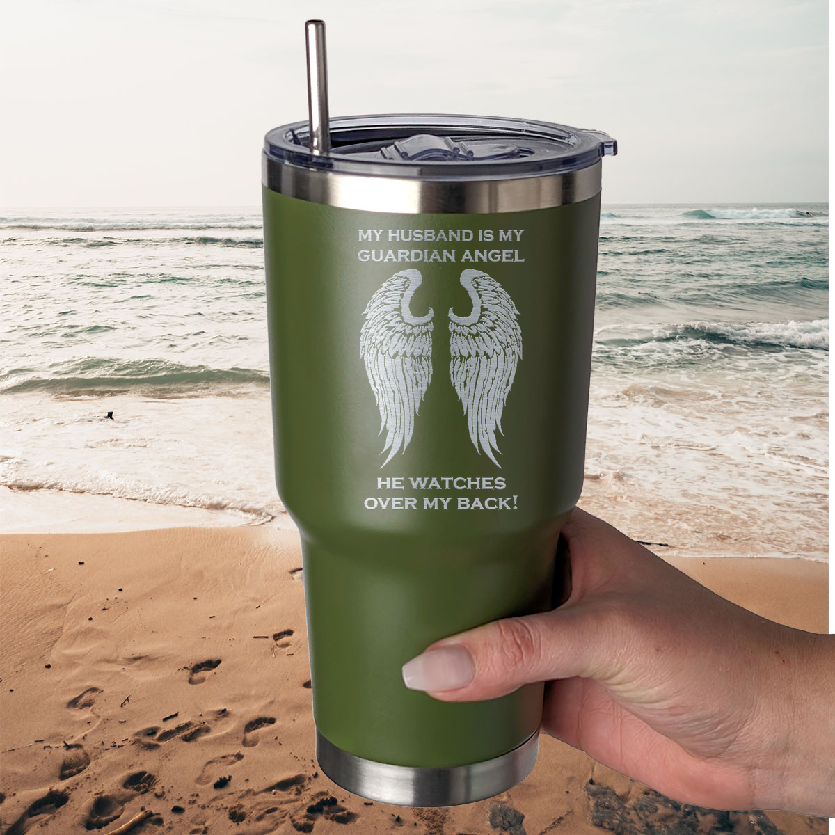 My Husband is my Guardian Angel 30 Ounce Laser Etched Tumbler Military Green