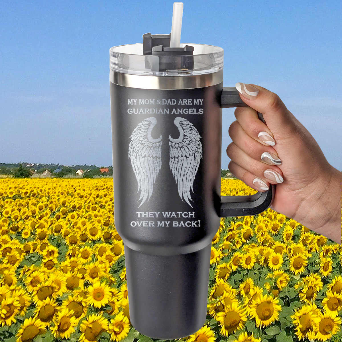 My Mom &amp; Dad are my Guardian Angels 40 Ounce Laser Etched Tumbler Black