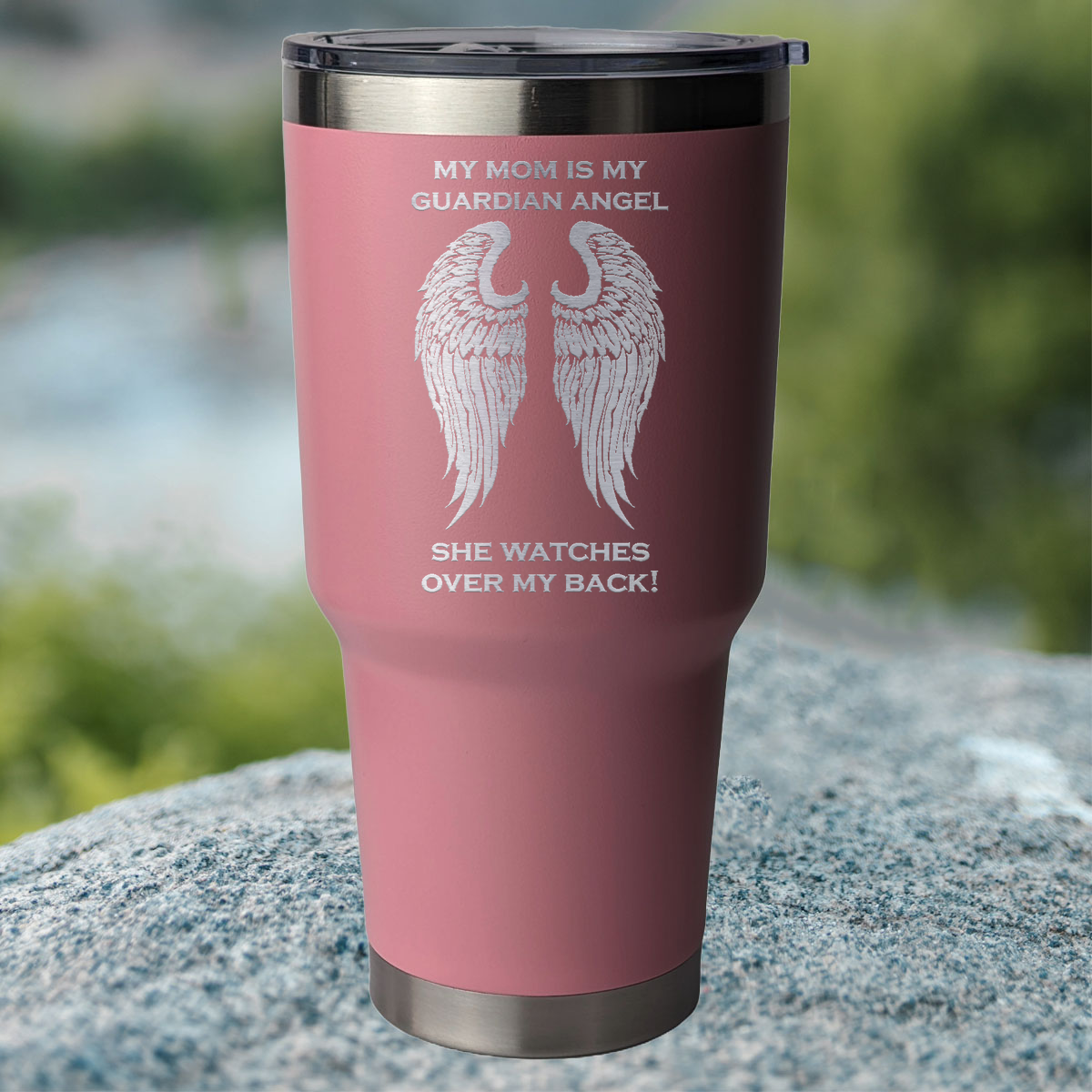 My Mom is my Guardian Angel 30 Ounce Laser Etched Tumbler Light Pink