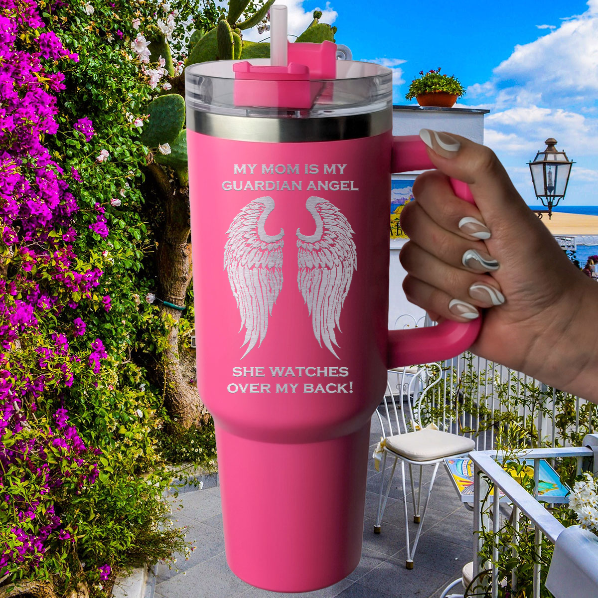 My Mom is my Guardian Angel 40 Ounce Laser Etched Tumbler Pink