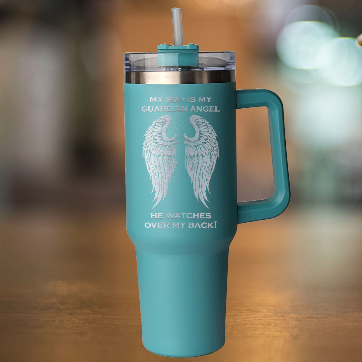 My Son is my Guardian Angel 40 Ounce Laser Etched Tumbler Teal