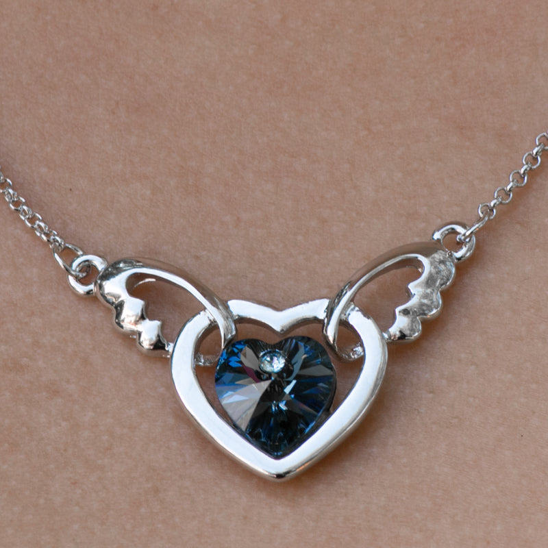 Deep Blue Heart With Wings Necklace