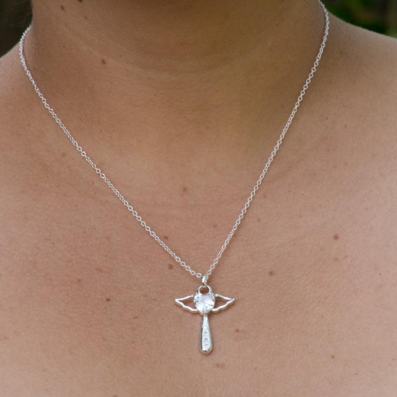 Winged Cross With A Crystal Heart Necklace - Guardian Angel Collection