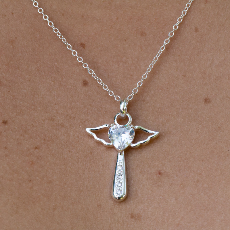 Winged Cross With A Crystal Heart Necklace